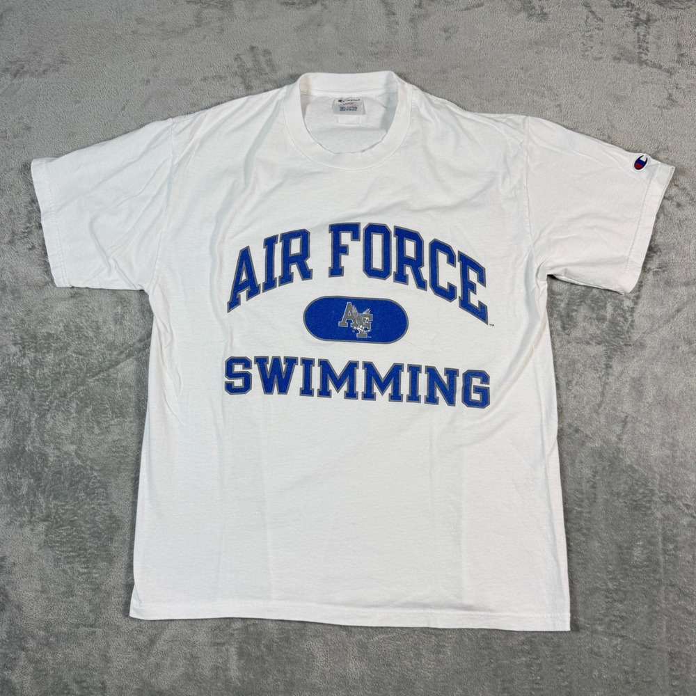 Vintage Champion Mens Large T-Shirt Air Force Swimming Short Sleeve